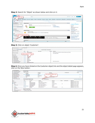Apex
21
Step 2: Search for 'Object' as shown below and click on it:
Step 3: Click on object 'Customer':
Step 4: Once you have clicked on the Customer object link and the object detail page appears,
click on the New button:
 
