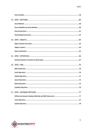 Apex
iv
Class Variables ......................................................................................................................................58
13. APEX – METHODS..............................................................................................................60
Class Methods.......................................................................................................................................60
Access Modifiers for Class Methods ......................................................................................................60
Class Constructors.................................................................................................................................61
Overloading Constructors......................................................................................................................62
14. APEX – OBJECTS.................................................................................................................64
Object Creation from Class....................................................................................................................64
sObject creation....................................................................................................................................64
Static Initialization ................................................................................................................................65
15. APEX – INTERFACES...........................................................................................................66
Standard Salesforce Interface for Batch Apex .......................................................................................67
16. APEX – DML.......................................................................................................................70
DML Statements....................................................................................................................................70
Insert Operation....................................................................................................................................70
Update Operation .................................................................................................................................71
Upsert Operation ..................................................................................................................................72
Delete Operation ..................................................................................................................................73
Undelete Operation ..............................................................................................................................74
17. APEX – DATABASE METHODS ............................................................................................77
Differences between Database Methods and DML Statements.............................................................77
Insert Operation....................................................................................................................................77
Update Operation .................................................................................................................................78
 