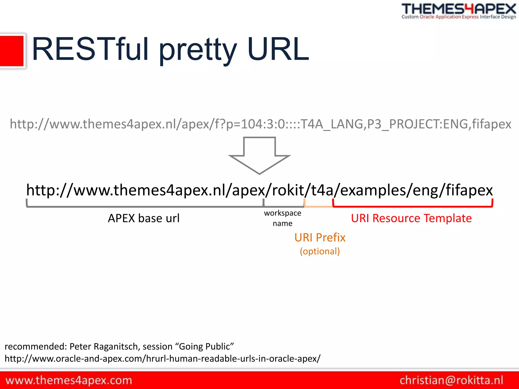 RESTful pretty URL
http://www.themes4apex.nl/apex/rokit/t4a/examples/eng/fifapex
APEX base url
workspace
name URI Resource Template
URI Prefix
(optional)
http://www.themes4apex.nl/apex/f?p=104:3:0::::T4A_LANG,P3_PROJECT:ENG,fifapex
recommended: Peter Raganitsch, session “Going Public”
http://www.oracle-and-apex.com/hrurl-human-readable-urls-in-oracle-apex/
 