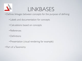 LINKBASES
? De?nes    linkages between concepts for the purpose of de?ning:

    ? Labels   and documentation for concepts

    ? Calculations   based on concepts

    ? References

    ? De?nitions

    ? Presentation   (visual rendering for example)

? Part   of a Taxonomy
 