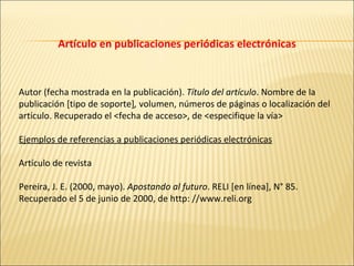 Artículo en publicaciones periódicas electrónicas Autor (fecha mostrada en la publicación).  Título del artículo . Nombre de la publicación [tipo de soporte] ,  volumen, números de páginas o localización del artículo. Recuperado el <fecha de acceso>, de <especifique la vía>   Ejemplos de referencias a publicaciones periódicas electrónicas   Artículo de revista   Pereira, J. E. (2000, mayo).  Apostando al futuro . RELI [en línea], N° 85. Recuperado el 5 de junio de 2000, de http: //www.reli.org 