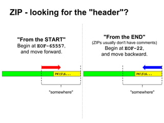 ZIP - looking for the "header"?
"From the START"
Begin at EOF-65557,
and move forward.
"From the END"
(ZIPs usually don't ...