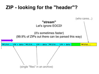 ZIP - looking for the "header"?
"stream"
Let's ignore EOCD!
(it's sometimes faster)
(99.9% of ZIPs out there can be parsed...