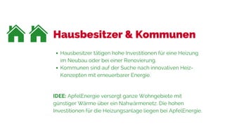 Hausbesitzer & Kommunen
Hausbesitzer tätigen hohe Investitionen für eine Heizung
im Neubau oder bei einer Renovierung.
Kommunen sind auf der Suche nach innovativen Heiz-
Konzepten mit erneuerbarer Energie.
IDEE: ApfelEnergie versorgt ganze Wohngebiete mit
günstiger Wärme über ein Nahwärmenetz. Die hohen
Investitionen für die Heizungsanlage liegen bei ApfelEnergie.
 