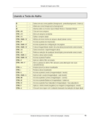 Geração de Imagens para a Web
Divisão de Serviços Comunidade – Centro de Computação - Unicamp 16
Usando a Tecla de Atalho
 