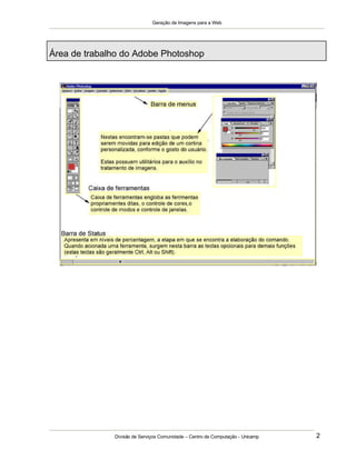 Geração de Imagens para a Web
Divisão de Serviços Comunidade – Centro de Computação - Unicamp 2
Área de trabalho do Adobe Photoshop
 
