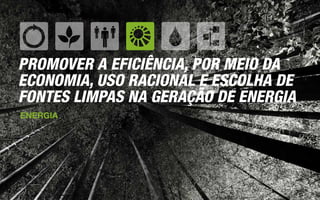 PROMOVER A EFICIÊNCIA, POR MEIO DA
ECONOMIA, USO RACIONAL E ESCOLHA DE
FONTES LIMPAS NA GERAÇÃO DE ENERGIA
ENERGIA
 