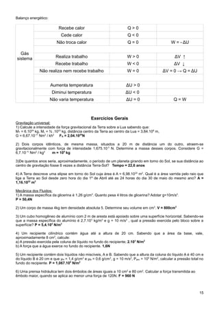 Balanço energético:

                          Recebe calor                               Q>0
                            Cede calor                               Q<0
                         Não troca calor                             Q=0                        W = - ΔU

  Gás
sistema                 Realiza trabalho                             W>0                           ΔV ↑
                        Recebe trabalho                              W<0                          ΔV ↓
              Não realiza nem recebe trabalho                        W=0                    ΔV = 0 → Q = ΔU


                      Aumenta temperatura                           ΔU > 0
                       Diminui temperatura                          ΔU < 0
                      Não varia temperatura                         ΔU = 0                        Q=W



                                              Exercícios Gerais
Gravitação universal:
1) Calcule a intensidade da força gravitacional da Terra sobre a Lua sabendo que:
MT = 6.1024 kg, ML = ¾ .1023 kg, distância centro da Terra ao centro da Lua = 3,84.108 m,
G = 6,67.10-11 Nm2 / kh2 FG = 2,04.1020N

2) Dois corpos idênticos, de mesma massa, situados a 20 m de distância um do outro, atraem-se
gravitacionalmente com força de intensidade 1,675.10-3 N. Determine a massa desses corpos. Considere G =
6,7.10-11 Nm2 / kg2  m = 105 kg

3)De quantos anos seria, aproximadamente, o período de um planeta girando em torno do Sol, se sua distância ao
centro de gravitação fosse 8 vezes a distância Terra-Sol? Tempo = 22,6 anos

4) A Terra descreve uma elipse em torno do Sol cuja área é A = 6,98.10 22 m2. Qual é a área varrida pelo raio que
liga a Terra ao Sol desde zero hora do dia 1º de Abril até as 24 horas do dia 30 de maio do mesmo ano? A =
1,16.1022 m2

Mecânica dos Fluidos:
1) A massa específica da glicerina é 1,26 g/cm3. Quanto pesa 4 litros de glicerina? Adotar g=10m/s2.
P = 50,4N

2) Um corpo de massa 4kg tem densidade absoluta 5. Determine seu volume em cm3. V = 800cm3

3) Um cubo homogêneo de alumínio com 2 m de aresta está apoiado sobre uma superfície horizontal. Sabendo-se
que a massa específica do alumínio é 2,7.10 3 kg/m3 e g = 10 m/s2 , qual a pressão exercida pelo bloco sobre a
superfície? P = 5,4.104 N/m2

4) Um recipiente cilíndrico contém água até a altura de 20 cm. Sabendo que a área da base, vale,
aproximadamente 8 cm2, calcule:
a) A pressão exercida pela coluna de líquido no fundo do recipiente; 2.103 N/m2
b) A força que a água exerce no fundo do recipiente. 1,6N

5) Um recipiente contém dois líquidos não miscíveis, A e B. Sabendo que a altura da coluna do líquido A é 40 cm e
do líquido B é 20 cm e que μA = 1,4 g/cm3 e μB = 0,6 g/cm3, g = 10 m/s2, Patm = 105 N/m2, calcular a pressão total no
fundo do recipiente. P = 1,067.105 N/m2

6) Uma prensa hidráulica tem dois êmbolos de áreas iguais a 10 cm2 e 80 cm2. Calcular a força transmitida ao
êmbolo maior, quando se aplica ao menor uma força de 120N. F = 960 N



                                                                                                                  15
 