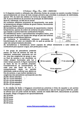 © Professor Rodrigo Penna – 2006 – ENEM 2002                       24
6. O diagrama mostra a utilização das diferentes fontes de energia no cenário mundial. Embora
aproximadamente um terço de toda energia primária seja orientada à produção de eletricidade,
apenas 10% do total são obtidos em forma de energia elétrica
útil. A pouca eficiência do processo de produção de eletricidade
deve-se, sobretudo, ao fato de as usinas
(A) nucleares utilizarem processos de aquecimento, nos quais
as temperaturas atingem milhões de graus Celsius, favorecendo
perdas por fissão nuclear.
(B) termelétricas utilizarem processos de aquecimento a baixas
temperaturas, apenas da ordem de centenas de graus Celsius, o
que impede a queima total dos combustíveis fósseis.
(C) hidrelétricas terem o aproveitamento energético baixo, uma
vez que parte da água em queda não atinge as pás das turbinas
que acionam os geradores elétricos.
(D) nucleares e termelétricas utilizarem processos de
transformação de calor em trabalho útil, no qual as perdas de
calor são sempre bastante elevadas.
(E) termelétricas e hidrelétricas serem capazes de utilizar diretamente o calor obtido do
combustível para aquecer a água, sem perda para o meio.

7. Um grupo de pescadores pretende
passar um final de semana do mês de
setembro, embarcado, pescando em um
rio. Uma das exigências do grupo é que,
no final de semana a ser escolhido, as
noites estejam iluminadas pela lua o
maior tempo possível. A figura representa
as fases da lua no período proposto.
Considerando-se as características de
cada uma das fases da lua e o
comportamento       desta   no    período
delimitado, pode-se afirmar que, dentre os
fins de semana, o que melhor atenderia às
exigências dos pescadores corresponde aos dias
(A) 08 e 09 de setembro.
(B) 15 e 16 de setembro.
(C) 22 e 23 de setembro.
(D) 29 e 30 de setembro.
(E) 06 e 07 de outubro.

8. As cidades de Quito e Cingapura encontram-se próximas à linha do equador e em pontos
diametralmente opostos no globo terrestre. Considerando o raio da Terra igual a 6370 km, pode-
se afirmar que um avião saindo de Quito, voando em média 800 km/h, descontando as paradas
de escala, chega a Cingapura em aproximadamente
(A) 16 horas.
(B) 20 horas.
(C) 25 horas.
(D) 32 horas.
(E) 36 horas.

                             www.fisicanovestibular.com.br
 