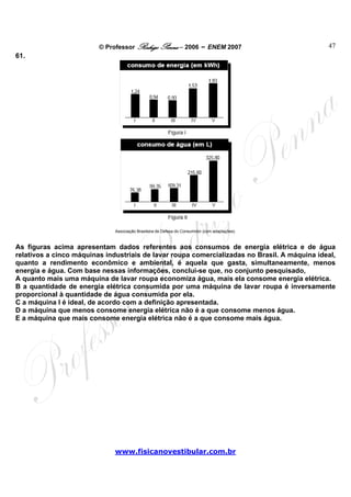 © Professor Rodrigo Penna – 2006 – ENEM 2007                           47
61.




                              Associação Brasileira de Defesa do Consumidor (com adaptações).



As figuras acima apresentam dados referentes aos consumos de energia elétrica e de água
relativos a cinco máquinas industriais de lavar roupa comercializadas no Brasil. A máquina ideal,
quanto a rendimento econômico e ambiental, é aquela que gasta, simultaneamente, menos
energia e água. Com base nessas informações, conclui-se que, no conjunto pesquisado,
A quanto mais uma máquina de lavar roupa economiza água, mais ela consome energia elétrica.
B a quantidade de energia elétrica consumida por uma máquina de lavar roupa é inversamente
proporcional à quantidade de água consumida por ela.
C a máquina I é ideal, de acordo com a definição apresentada.
D a máquina que menos consome energia elétrica não é a que consome menos água.
E a máquina que mais consome energia elétrica não é a que consome mais água.




                              www.fisicanovestibular.com.br
 