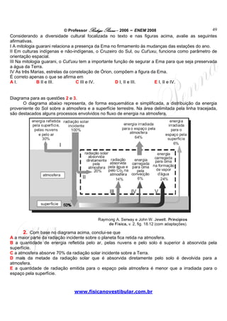 © Professor Rodrigo Penna – 2006 – ENEM 2008                             49
Considerando a diversidade cultural focalizada no texto e nas figuras acima, avalie as seguintes
afirmativas.
I A mitologia guarani relaciona a presença da Ema no firmamento às mudanças das estações do ano.
II Em culturas indígenas e não-indígenas, o Cruzeiro do Sul, ou Cut'uxu, funciona como parâmetro de
orientação espacial.
III Na mitologia guarani, o Cut'uxu tem a importante função de segurar a Ema para que seja preservada
a água da Terra.
IV As três Marias, estrelas da constelação de Órion, compõem a figura da Ema.
É correto apenas o que se afirma em
A I.          B II e III.         C III e IV.         D I, II e III.    E I, II e IV.


Diagrama para as questões 2 e 3.
      O diagrama abaixo representa, de forma esquemática e simplificada, a distribuição da energia
proveniente do Sol sobre a atmosfera e a superfície terrestre. Na área delimitada pela linha tracejada,
são destacados alguns processos envolvidos no fluxo de energia na atmosfera.




       2. Com base no diagrama acima, conclui-se que
A a maior parte da radiação incidente sobre o planeta fica retida na atmosfera.
B a quantidade de energia refletida pelo ar, pelas nuvens e pelo solo é superior à absorvida pela
superfície.
C a atmosfera absorve 70% da radiação solar incidente sobre a Terra.
D mais da metade da radiação solar que é absorvida diretamente pelo solo é devolvida para a
atmosfera.
E a quantidade de radiação emitida para o espaço pela atmosfera é menor que a irradiada para o
espaço pela superfície.



                                www.fisicanovestibular.com.br
 