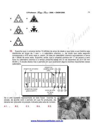 © Professor Rodrigo Penna – 2006 – ENEM 2008                            54




       12.   Suponha que o universo tenha 15 bilhões de anos de idade e que toda a sua história seja
         distribuída ao longo de 1 ano — o calendário cósmico —, de modo que cada segundo
         corresponda a 475 anos reais e, assim, 24 dias do calendário cósmico equivaleriam a cerca
         de 1 bilhão de anos reais. Suponha, ainda, que o universo comece em 1.º de janeiro a zero
         hora no calendário cósmico e o tempo presente esteja em 31 de dezembro às 23 h 59 min
         59,99 s. A escala abaixo traz o período em que ocorreram alguns eventos importantes nesse
         calendário.




Se a arte rupestre representada ao lado fosse inserida na
escala, de acordo com o período em que foi produzida, ela
deveria ser colocada na posição indicada pela seta de número

A 1.         B 2.        C 3.        D 4.          E 5.




                                www.fisicanovestibular.com.br
 