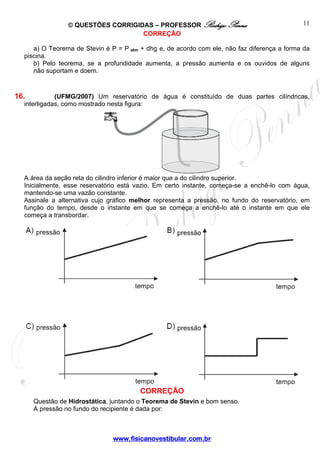 © QUESTÕES CORRIGIDAS – PROFESSOR Rodrigo Penna                             11
                                    CORREÇÃO

     a) O Teorema de Stevin é P = P atm + dhg e, de acordo com ele, não faz diferença a forma da
  piscina.
     b) Pelo teorema, se a profundidade aumenta, a pressão aumenta e os ouvidos de alguns
     não suportam e doem.


16.          (UFMG/2007) Um reservatório de água é constituído de duas partes cilíndricas,
  interligadas, como mostrado nesta figura:




  A área da seção reta do cilindro inferior é maior que a do cilindro superior.
  Inicialmente, esse reservatório está vazio. Em certo instante, começa-se a enchê-lo com água,
  mantendo-se uma vazão constante.
  Assinale a alternativa cujo gráfico melhor representa a pressão, no fundo do reservatório, em
  função do tempo, desde o instante em que se começa a enchê-lo até o instante em que ele
  começa a transbordar.




                                        CORREÇÃO
      Questão de Hidrostática, juntando o Teorema de Stevin e bom senso.
      A pressão no fundo do recipiente é dada por:



                               www.fisicanovestibular.com.br
 