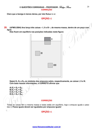 © QUESTÕES CORRIGIDAS – PROFESSOR Rodrigo Penna                                20
                                       CORREÇÃO

  Claro que a bexiga é menos densa, por isto flutua no ar.

                                           OPÇÃO: C



28. (UFMG-2004) Ana lança três caixas – I, II e III –, de mesma massa, dentro de um poço com
  água.
    Elas ficam em equilíbrio nas posições indicadas nesta figura:




      Sejam EI, EII e EIII os módulos dos empuxos sobre, respectivamente, as caixas I, II e III.
      Com base nessas informações, é CORRETO afirmar que

      A) EI > EII > EIII .
      B) EI < EII = EIII .
      C) EI = EII = EIII .
      D) EI > EII = EIII .


                                           CORREÇÃO

  Todas as caixas têm a mesma massa e todas estão em equilíbrio, logo o empuxo iguala o peso
  das 3. Pesos iguais devem ser igualados por empuxos iguais!

                                           OPÇÃO: C




                                 www.fisicanovestibular.com.br
 