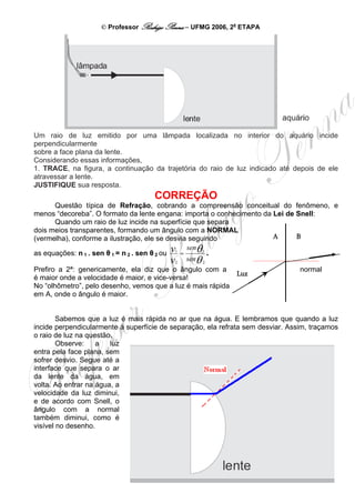 © Professor Rodrigo Penna – UFMG 2006, 2a ETAPA




Um raio de luz emitido por uma lâmpada localizada no interior do aquário incide
perpendicularmente
sobre a face plana da lente.
Considerando essas informações,
1. TRACE, na figura, a continuação da trajetória do raio de luz indicado até depois de ele
atravessar a lente.
JUSTIFIQUE sua resposta.
                                    CORREÇÃO
       Questão típica de Refração, cobrando a compreensão conceitual do fenômeno, e
menos “decoreba”. O formato da lente engana: importa o conhecimento da Lei de Snell:
       Quando um raio de luz incide na superfície que separa
dois meios transparentes, formando um ângulo com a NORMAL
(vermelha), conforme a ilustração, ele se desvia seguindo              A      B
                                                   senθ 1
as equações: n 1 . sen θ 1 = n 2 . sen θ 2 ou v1 =        .
                                              v2   senθ 2
Prefiro a 2ª: genericamente, ela diz que o ângulo com a                        normal
                                                             Luz
é maior onde a velocidade é maior, e vice-versa!
No “olhômetro”, pelo desenho, vemos que a luz é mais rápida
em A, onde o ângulo é maior.


        Sabemos que a luz é mais rápida no ar que na água. E lembramos que quando a luz
incide perpendicularmente à superfície de separação, ela refrata sem desviar. Assim, traçamos
o raio de luz na questão.
        Observe:    a   luz
entra pela face plana, sem
sofrer desvio. Segue até a
interface que separa o ar
da lente da água, em
volta. Ao entrar na água, a
velocidade da luz diminui,
e de acordo com Snell, o
ângulo com a normal
também diminui, como é
visível no desenho.




                                                                                          24
 