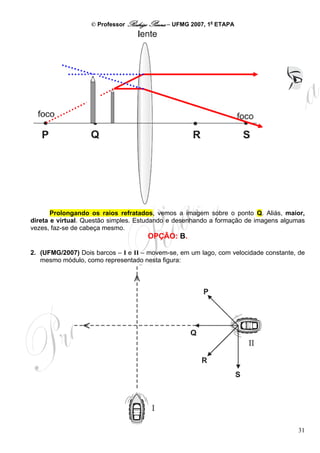 © Professor Rodrigo Penna – UFMG 2007, 1a ETAPA




       Prolongando os raios refratados, vemos a imagem sobre o ponto Q. Aliás, maior,
direta e virtual. Questão simples. Estudando e desenhando a formação de imagens algumas
vezes, faz-se de cabeça mesmo.
                                     OPÇÃO: B.

2. (UFMG/2007) Dois barcos – I e II – movem-se, em um lago, com velocidade constante, de
   mesmo módulo, como representado nesta figura:




                                                                                     31
 