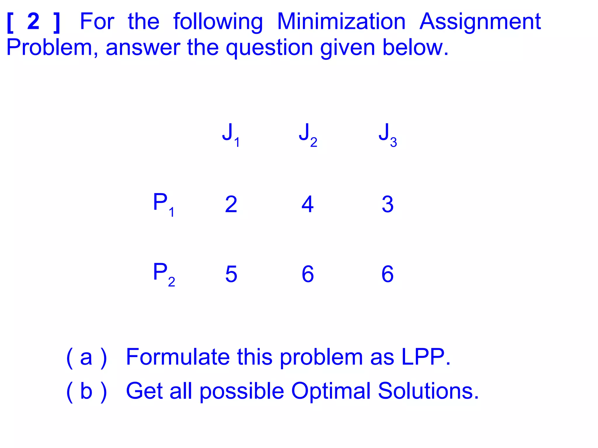 [ 2 ] For the following Minimization Assignment
Problem, answer the question given below.
J1
J2
J3
P1 2 4 3
P2 5 6 6
( a ) Formulate this problem as LPP.
( b ) Get all possible Optimal Solutions.
 