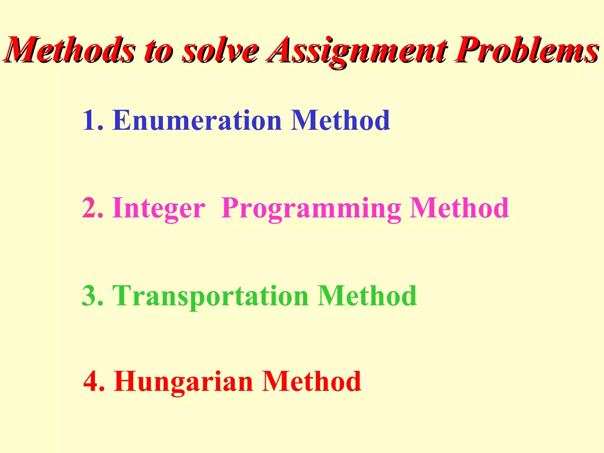 Methods to solve Assignment ProblemsMethods to solve Assignment Problems
4. Hungarian Method
1. Enumeration Method
2. Integer Programming Method
3. Transportation Method
 