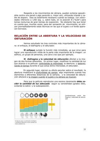 53
Respecto a los movimientos de cámara, pueden evitarse apoyán-
dola contra una pared o algo parecido o, mejor aún, utilizando trípode y ca-
ble de disparo. Esto es totalmente necesario cuando se trabaja con veloci-
dades inferiores a 1/60 seg. y, sobre todo, en la posición B (“bulb”) para
tomas nocturnas de gran tiempo de exposición. No obstante hay que tener
en cuenta que, muchas veces, para dar sensación de movimiento, se utili-
zan premeditadamente estas técnicas en las que el sujeto o el fondo apare-
cen borrosos.
RELACIÓN ENTRE LA ABERTURA Y LA VELOCIDAD DE
OBTURACIÓN
Hemos estudiado los tres controles más importantes de la cáma-
ra: el enfoque, el diafragma y el obturador.
El enfoque cumple la función más inmediata, ya que sirve para
lograr una reproducción nítida de la parte más importante de la imagen: un
edificio, un grupo de personas, una cara o los ojos por ejemplo.
El diafragma y la velocidad de obturación afectan a la ima-
gen de dos formas diferentes. En primer lugar, modifican la cantidad de luz
que alcanza a la película: UUUcontrolando la intensidadUUU, la abertura; y UUUdetermi-
nando el tiempoUUU durante el que actúa dicha intensidad, el obturador.
En segundo lugar, ejercen su efecto peculiar sobre el resultado: la
abertura modificará la UUUprofundidad de campoUUU, algo importante cuando hay
elementos a diferentes distancias de la cámara; y la velocidad de obtura-
ción afectará a UUUla imagen cuandoUUU UUUel sujeto o la cámara se muevenUUU.
Para que la película reproduzca una escena claramente debe re-
cibir la cantidad de luz adecuada según su sensibilidad (grados ISO),
evitando la sobre- y la subexposición.
Combinaciones entre dia-
fragma y velocidad de obtura-
ción
 