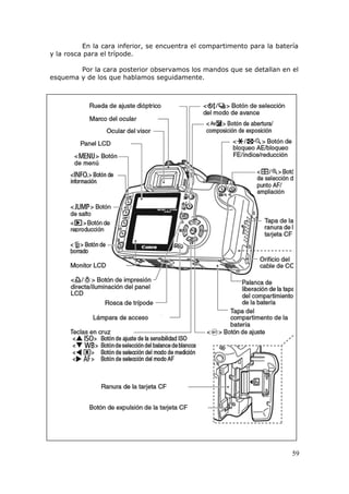 59
En la cara inferior, se encuentra el compartimento para la batería
y la rosca para el trípode.
Por la cara posterior observamos los mandos que se detallan en el
esquema y de los que hablamos seguidamente.
 