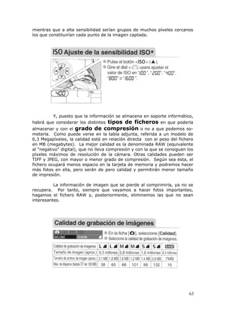 63
mientras que a alta sensibilidad serían grupos de muchos píxeles cercanos
los que constituirían cada punto de la imagen captada.
Y, puesto que la información se almacena en soporte informático,
habrá que considerar los distintos tipos de ficheros en que poderla
almacenar y con el grado de compresión o no a que podemos so-
meterla. Como puede verse en la tabla adjunta, referida a un modelo de
6,3 Megapíxeles, la calidad está en relación directa con el peso del fichero
en MB (megabytes). La mejor calidad es la denominada RAW (equivalente
al “negativo” digital), que no lleva compresión y con la que se consiguen los
píxeles máximos de resolución de la cámara. Otras calidades pueden ser
TIFF y JPEG, con mayor o menor grado de compresión. Según sea ésta, el
fichero ocupará menos espacio en la tarjeta de memoria y podremos hacer
más fotos en ella, pero serán de pero calidad y permitirán menor tamaño
de impresión.
La información de imagen que se pierde al comprimirla, ya no se
recupera. Por tanto, siempre que vayamos a hacer fotos importantes,
hagamos el fichero RAW y, posteriormente, eliminemos las que no sean
interesantes.
 