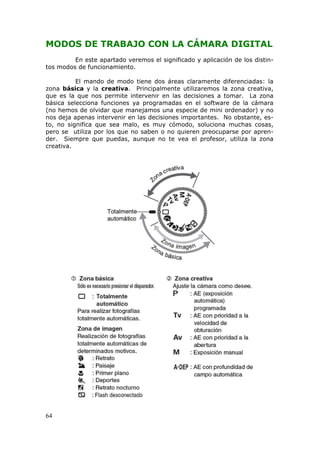 64
MODOS DE TRABAJO CON LA CÁMARA DIGITAL
En este apartado veremos el significado y aplicación de los distin-
tos modos de funcionamiento.
El mando de modo tiene dos áreas claramente diferenciadas: la
zona básica y la creativa. Principalmente utilizaremos la zona creativa,
que es la que nos permite intervenir en las decisiones a tomar. La zona
básica selecciona funciones ya programadas en el software de la cámara
(no hemos de olvidar que manejamos una especie de mini ordenador) y no
nos deja apenas intervenir en las decisiones importantes. No obstante, es-
to, no significa que sea malo, es muy cómodo, soluciona muchas cosas,
pero se utiliza por los que no saben o no quieren preocuparse por apren-
der. Siempre que puedas, aunque no te vea el profesor, utiliza la zona
creativa.
 