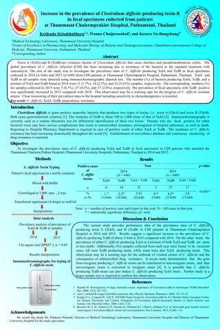 Toxin A (TcdA) and B (TcdB) are virulence factors of Clostridium difficile that cause diarrhea and pseudomembranous colitis. The
global prevalence of C. difficile infection (CDI) has been increasing due to resistance of the bacteria to the standard treatment with
vancomycin. The aim of the study was to investigate the prevalence rates of C. difficile producing TcdA and TcdB in fecal specimens
collected in 2014 (n=646) and 2015 (n=649) from CDI patients at Thammasat Chalermprakiet Hospital, Pathumtani, Thailand. TcdA and
TcdB in all samples were detected using immunochromatographic dipstick test. The number (%) of bacteria producing TcdA, TcdB, and a
mixture of TcdA and TcdB found in 2014 were 11 (1.7%), 14 (2.2%), and 22 (3.41%) samples, respectively. The corresponding numbers (%)
for samples collected in 2015 were 5 (0.7%), 27 (4.2%), and 17 (2.6%), respectively. The prevalence of fecal specimens with TcdB positive
was significantly increased in 2015 compared with 2014. This observation may be a warning sign for the progress of C. difficile resistant
strains. Close monitoring of their prevalence rates in the hospital including sensitivity to chemotherapeutics is essential.
Increase in the prevalence of Clostridium difficile producing toxin B
in fecal specimens collected from patients
at Thammasat Chalermprakiet Hospital, Pathumtani, Thailand
Kridsada Sirisabhabhorn1,2, Wanna Chaijaroenkul2, and Kesara Na-Bangchang2*
1Medical Technology Laboratory, Thammasat University Hospital
2Center of Excellence in Pharmacology and Molecular Biology of Malaria and Cholangiocarcinoma, Chulabhorn International College of
Medicine, Thammasat University, Pathumtani, Thailand
* Corresponding Author
Abstract
Introduction
Clostridium difficile is gram positive anaerobic bacteria that produces two types of toxins, i.e., toxin A (TdcA) and toxin B (TdcB).
Both cause gastrointestinal irritation [1]. The virulence of TcdB is about 100 to 1,000 times of that of TcdA [2]. Immunochromatography is
currently used as a routine laboratory test for differential identification of these two toxins. Patients who are fecal positive for either
bacterial toxin may have serious complications that result in antimicrobial resistance, prolongation of hospital admission, as well as death.
Reporting to Hospital Pharmacy Department is required in case of positive result of either TcdA or TcdB. The incidence of C. difficile
resistance has been increasing dramatically throughout the world [3]. Establishment of surviellance database and continuous monitoring of
drug resistance is essential.
Key words: C. difficile, TcdA, TcdB, prepvalence, resistance
Objective
To investigate the prevalence rates of C. difficile producing TcdA and TcdB in fecal specimens in CDI patients who attended the
Thammasat Charlerm Prakiet Hospital (Thammasat University Hospital), Pathumtani, Thailand in 2014 and 2015.
Results
The current study provides preliminary data of the prevalence rates of C. difficile
producing toxin A (TcdA) and B (TcdB) in CDI patients at Thammasat Chalermprakiet
Hospital in 2014 and 2015. Results suggest a significant increase in the prevalence of C.
difficile producing TcdB of about 2-fold in 2015 compared with 2014. On the other hand, the
prevalence of either C. difficile producing TcdA or a mixture of both TcdA and TcdB are more
or less stable. Additionally, five samples collected from each year were found to be recurrent
cases. All were TcdB producing strain, while some were also TcdA producing strain. This
observation may be a warning sign for the outbreak of virulent strains of C. difficile and the
consequence of antimicrobial drug resistance. A recent study demonstrated that the gene
from toxigenic producing C. difficile strain can be transferred to non-toxigenic strain, and thus
non-toxigenic strain is converted to toxigenic strain [4]. It is possible that C. difficile
producing TcdB strain can also induce C. difficile producing TcdA strain. Further study in a
larger sample size is required to confirm this observation.
Discussion & Conclusion
References
Acknowledgements
Positive cases
of
C. diffile
toxins
Year p-value
2014
(n = 646)
2015
(n = 649)
TcdA TcdB TcdA + TcdB TcdA TcdB TcdA + TcdB
n 11 14 22 5 27 17
<0.001*%
(n /N)
1.7
(11/646)
2.2*
(14/646)
3.41
(22/646)
0.7
(5/649)
4.2*
(27/649)
2.6
(17/649)
Note: n = number of positive case each types in that year, N = All cases in that year
* = statistically significant difference (χ2- test)
Immunochromatography for typing of
C. difficile toxin
Methods
C. difficile Toxin Typing
Patient’s fecal specimen in a sterile container
Mixed with buffer
Centrifuged at 7,000 rpm ., 2 min.
Transferred supernatant (4 drops) to well kit
Interpretation
Data Analysis
Prevalence analysis of prevalence of
TcdA & TcdB in samples
2014
Chi-square test (SPSS® ), α = 0.05
2015
Results interpretation
1. Rupnik M. Heterogeneity of large clostridial toxins: importance of Clostridium difficile toxinotypes. FEMS Microbiol
Rev. 2008; 32(3): 541–555.
2. Just I., Gerhard R. Large Clostridial cytotoxins. Rev. Physiol. Biochem. Pharmacol. 2004; 152: 23–47.
3. Kuijper E.J., Coignard B., Tüll P., ESCMID Study Group for Clostridium difficile EU Member States; European Centre
for Disease Prevention and Control. Emergence of Clostridium difficile-associated disease in North America and
Europe. Clin Microbiol Infect. 2006; 12(6): 2-18.
4. Brouwer, M. S. M., Roberts A.P., Hussain H., Williams R.J., Allan E., Mullany P. et al. Horizontal gene transfer converts
nontoxigenic Clostridium difficile strains into toxin producers. Nat. Commun. 2013; 4:2601: 1-6.
We would like thank Mr. Palakorn Puttaruk, Director of Medical Technology Laboratory, Thammasat University Hospital and Director of Thammasat
University Hospital for the study specimens.
TcdB positive band
TcdA positive band
Control band
 