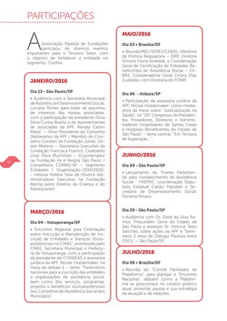 AAssociação Paulista de Fundações
participou de diversos eventos
importantes para o Terceiro Setor, com
o objetivo de fortalecer a entidade no
segmento. Confira:
JANEIRO/2016
Dia 13 - São Paulo/SP
•	Audiência com a Secretária Municipal
deAssistênciaeDesenvolvimentoSocial,
Luciana Temer, para tratar de assuntos
de interesse das nossas associadas,
com a participação da presidente Dora
Silvia Cunha Bueno e de representantes
de associadas da APF: Renata Cattini
Maluf – (Vice-Presidente do Conselho
Deliberativo da APF / Membro do Con-
selho Curador da Fundação Julita); Gil-
son Moreira – (Secretário Executivo da
Fundação Francisca Franco); Clodoaldo
José Oliva Muchinski – (Coordenador
na Fundação Fé e Alegria São Paulo /
Conselheiro COMAS-SP – Segmento
Entidades / Organização-2014/2016);
- Heloisa Helena Silva de Oliveira (Ad-
ministradora Executiva na Fundação
Abrinq pelos Direitos da Criança e do
Adolescente).
MARÇO/2016
Dia 04 - Votuporanga/SP
•	“Encontro Regional para Orientação
sobre Inscrição e Manutenção de Ins-
crição de Entidades e Serviços Sócio-
assistenciais no CMAS”, promovido pelo
CMAS, Secretaria Municipal e Prefeitu-
ra de Votuporanga, com a participação
da presidente do CONSEAS e assessora
jurídica da APF, Nicole Hoedemaker, na
mesa de debate 1 – tema: “Parâmetros
nacionais para a inscrição das entidades
e organizações de assistência social,
bem como dos serviços, programas,
projetos e benefícios socioassistenciais
nos Conselhos de Assistência Social dos
Municípios”.
MAIO/2016
Dia 03 • Brasília/DF
•	 ReuniãoMEC/SERES/CEBAS–Diretoria
de Política Regulatória – DPR, Diretora
Simone Horta Andrade, e Coordenação
Geral de Certificação de Entidades Be-
neficentes de Assistência Social – CE-
BAS, Coordenadora Geral Cinara Dias
Custódio, com Diretoria do FONIF.
Dia 06 - Atibaia/SP
•	Participação da assessora jurídica da
APF, Nicole Hoedemaker, como media-
dora da mesa sobre “Judicialização na
Saúde”, no “25º Congresso de Presiden-
tes, Provedores, Diretores e Adminis-
tradores Hospitalares de Santas Casas
e Hospitais Beneficentes do Estado de
São Paulo” - tema central: “Em Tempos
de Superação...”.
JUNHO/2016
Dia 09 - São Paulo/SP
•	Lançamento da “Frente Parlamen-
tar pelo Fortalecimento da Assistência
Social - FREPAS”, coordenação Depu-
tado Estadual Carlão Pignatari e Se-
cretário de Desenvolvimento Social,
Floriano Pesaro.
Dia 29 - São Paulo/SP
•	Audiência com Dr. Elival da Silva Ra-
mos, Procurador Geral do Estado de
São Paulo e assessor Dr. Vinicius Teles
Sanches, sobre ações da APF e “Semi-
nário 2 anos de Diálogo Paulista entre
OSCs” – São Paulo/SP.
JULHO/2016
Dia 06 • Brasília/DF
•	Reunião do “Comitê Facilitador da
Plataforma”, para planejar o “Encontro
Nacional”, debater como a Platafor-
ma se posicionará no cenário político
atual, próximas pautas e sua estratégia
de atuação e de relações.
16
PARTICIPAÇÕES
 