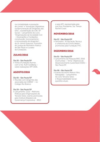 na contabilidade e prestação
	 de contas” e “Inovações Legislativas
	 na Remuneração de Dirigentes das
	 OSC”, coordenação do CRC SP
	 Social – Lançamento do Livro:
	 “Organizações da Sociedade Civil
	 – Associações e Fundações:
	 constituição, funcionamento
	 e remuneração de dirigentes”,
	 do Dr. Airton Grazzioli, Promotor
	 de Justiça do Ministério Público
	 de São Paulo e Curador
	 de Fundações.
JULHO/2016
Dia 26 - São Paulo/SP
•	Visita à Fundação Arymax,
	 com a Sra. Ruth Goldberg –
	 sobre realizações APF 2016.
AGOSTO/2016
Dia 05 - São Paulo/SP
•	Reunião com dirigentes das
	 associadas da CEBRAF – no
	 Colégio Rio Branco.
Dia 29 - São Paulo/SP
• 	Lançamento: Guia - Melhores
	 Práticas para Organizações do
	 Terceiro Setor, evento promovido
	 pelo Instituto Brasileiro de
	 Governança Corporativa - IBGC
	 e pela APF, representada pela
	 sua Vice-Presidente, Sra. Tereza
	 Rachel Coser.
NOVEMBRO/2016
Dia 22 - São Paulo/SP
• 	Seminário: “A Educação Técnica
	 e a Reforma do Ensino Médio”,
	 promovido pela Fundação FHC.
DEZEMBRO/2016
Dia 01 - São Paulo/SP
•	Lançamento da Pesquisa BISC 2016
	 (Comunitas) – Tema: Objetivos do
	 Desenvolvimento Sustentável (ODS) –
	 São Paulo/SP.
Dia 08 - São Paulo/SP
• 	Evento escritório Mattos Filho
	 Advogados - Lançamento
	 do Livro Terceiro Setor
	 e Responsabilidade Social:
	 questões atuais.
21
 