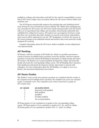 available to colleges and universities each fall . It is the school’s responsibility to ensure
that its AP Course Ledger entry accurately reflects the AP courses offered within each
academic year .
   The AP Program unequivocally supports the principle that each individual school
must develop its own curriculum for courses labeled “AP .” Rather than mandating any
one curriculum for AP courses, the AP Course Audit instead provides each AP teacher
with a set of expectations that college and secondary school faculty nationwide have
established for college-level courses . AP teachers are encouraged to develop or main-
tain their own curriculum that either includes or exceeds each of these expectations;
such courses will be authorized to use the “AP” designation . Credit for the success of
AP courses belongs to the individual schools and teachers that create powerful, locally
designed AP curricula .
    Complete information about the AP Course Audit is available at www .collegeboard
 .com/apcourseaudit .


AP Reading
AP Exams—with the exception of AP Studio Art, which is a portfolio assessment—
consist of dozens of multiple-choice questions scored by machine, and free-response
questions scored at the annual AP Reading by thousands of college faculty and expert
AP teachers . AP Readers use scoring standards developed by college and university
faculty who teach the corresponding college course . The AP Reading offers educators
both significant professional development and the opportunity to network with
colleagues . For more information about the AP Reading, or to apply to serve as a
Reader, visit apcentral .collegeboard .com/readers .


AP Exam Grades
The Readers’ scores on the free-response questions are combined with the results of
the computer-scored multiple-choice questions; the weighted raw scores are summed
to give a composite score . The composite score is then converted to a grade on
AP’s 5-point scale:

    AP GRADE               QUALIFICATION
        5                  Extremely well qualified
        4                  Well qualified
        3                  Qualified
        2                  Possibly qualified
        1                  No recommendation

AP Exam grades of 5 are equivalent to A grades in the corresponding college
course . AP Exam grades of 4 are equivalent to grades of A–, B+, and B in college .
AP Exam grades of 3 are equivalent to grades of B–, C–, and C in college .




2                    © 2009 The College Board. All rights reserved. Visit the College Board on the Web: www.collegeboard.com.
 