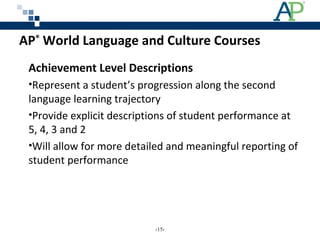 AP®
World Language and Culture Courses
Achievement Level Descriptions
•Represent a student’s progression along the second
language learning trajectory
•Provide explicit descriptions of student performance at
5, 4, 3 and 2
•Will allow for more detailed and meaningful reporting of
student performance
‹15›
 