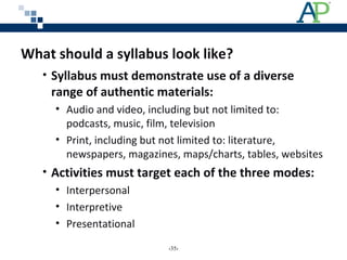 What should a syllabus look like?
• Syllabus must demonstrate use of a diverse
range of authentic materials:
• Audio and video, including but not limited to:
podcasts, music, film, television
• Print, including but not limited to: literature,
newspapers, magazines, maps/charts, tables, websites
• Activities must target each of the three modes:
• Interpersonal
• Interpretive
• Presentational
‹35›
 
