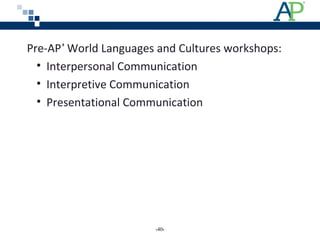  Pre-AP®
 World Languages and Cultures workshops:
• Interpersonal Communication 
• Interpretive Communication
• Presentational Communication
‹40›
 
