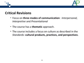 Critical Revisions
• Focus on three modes of communication: Interpersonal,
Interpretive and Presentational
• The course has a thematic approach.
• The course includes a focus on culture as described in the
Standards: cultural products, practices, and perspectives.
‹8›
 