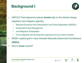 ASIA-PACIFIC FORESTRY WEEK 2016
GROWING OUR FUTURE!
• UNFCCC Paris Agreement places forests high on the climate change
ada...