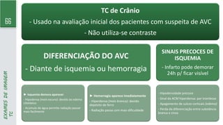 66
EXAMES
DE
IMAGEM
TC TC de Crânio
- Usado na avaliação inicial dos pacientes com suspeita de AVC
- Não utiliza-se contraste
DIFERENCIAÇÃO DO AVC
- Diante de isquemia ou hemorragia
► Isquemia demora aparecer
- Hipodensa (mais escuro): devido ao edema
citotóxico
- Acúmulo de água permite radiação passar
mais facilmente
► Hemorragia aparece imediatamente
- Hiperdensa (mais branco): devido
depósito de ferro
- Radiação passa com mais dificuldade
SINAIS PRECOCES DE
ISQUEMIA
- Infarto pode demorar
24h p/ ficar visível
- Hipodensidade precoce
- Sinal da ACM hiperdensa: por trombose
- Apagamento de sulcos corticais (edema)
- Perda da diferenciação entre substância
branca e cinza
 