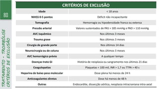 80
TRATAMENTO
-
TROMBÓLISE
CRITÉRIOS
DE
EXCLUSÃO
CRITÉRIOS DE EXCLUSÃO
Idade < 18 anos
NIHSS 0-5 pontos Déficit não incapacitante
Tomografia Hemorragia ou hipodensidade franca ou extensa
Pressão arterial Valores sustentados de PAS > 185 mmHg e PAD > 110 mmHg
AVC isquêmico Nos últimos 3 meses
Trauma grave Nos últimos 3 meses
Cirurgia de grande porte Nos últimos 14 dias
Neurocirurgia ou de coluna Nos últimos 3 meses
AVC hemorrágico prévio A qualquer tempo
Doenças trato GI História de neoplasia ou sangramento nos últimos 21 dias
Coagulopatias Plaquetas < 100 mil, INR > 1,7 ou TTPA > 40 s
Heparina de baixo peso molecular Dose plena há menos de 24 h
Anticoagulantes diretos Dose há menos de 48 h
Outras Endocardite, dissecção aórtica, neoplasia intracraniana intra-axial
 