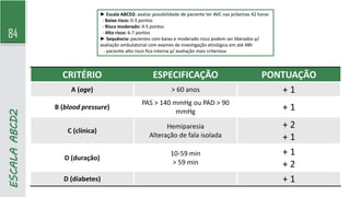 84
ESCALA
ABCD2
CRITÉRIO ESPECIFICAÇÃO PONTUAÇÃO
A (age) > 60 anos + 1
B (blood pressure)
PAS > 140 mmHg ou PAD > 90
mmHg + 1
C (clínica)
Hemiparesia
Alteração de fala isolada
+ 2
+ 1
D (duração)
10-59 min
> 59 min
+ 1
+ 2
D (diabetes) + 1
► Escala ABCD2: avaliar possibilidade de paciente ter AVC nas próximas 42 horas
- Baixo risco: 0-3 pontos
- Risco moderado: 4-5 pontos
- Alto risco: 6-7 pontos
► Sequência: pacientes com baixo e moderado risco podem ser liberados p/
avaliação ambulatorial com exames de investigação etiológica em até 48h
- paciente alto risco fica interna p/ avaliação mais criteriosa
 