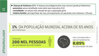 23
EPIDEMIOLOGIA ► Doença de Parkinson (DP): 2ª doença neurodegenerativa mais comum (perde p/ Alzheimer)
- panorama: possui predileção maior pelo sexo masculino (3:2)
- mortalidade: um pouco mais elevada do que a população geral
- história familiar: principal fator de risco, principalmente em pacientes com sintomas < 50 anos
 