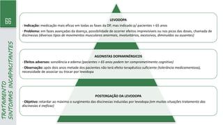 66
TRATAMENTO
SINTOMAS
INCAPACITANTES
LEVODOPA
- Indicação: medicação mais eficaz em todas as fases da DP, mas indicado p/ pacientes > 65 anos
- Problema: em fazes avançadas da doença, possibilidade de ocorrer efeitos imprevisíveis ou nos picos das doses, chamada de
discinesias (diversos tipos de movimentos musculares anormais, involuntários, excessivos, diminuídos ou ausentes)
AGONISTAS DOPAMINÉRGICOS
- Efeitos adversos: sonolência e edema (pacientes > 65 anos podem ter comprometimento cognitivo)
- Observação: após dois anos metade dos pacientes não terá efeito terapêutico suficiente (tolerância medicamentosa),
necessidade de associar ou trocar por levodopa
POSTERGAÇÃO DA LEVODOPA
- Objetivo: retardar ao máximo o surgimento das discinesias induzidas por levodopa (em muitas situações tratamento das
discinesias é ineficaz)
 