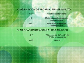 CLASIFICACION DE APGAR AL PRIMER MINUTO
CLASIFICACION DE APGAR A LOS 5 MINUTOS
7-10 Condición satisfactoria
4-6 Moderadamente deprimido,
apnea primaria
0-3 Severamente deprimido,
apnea primaria
0-7 Alto riesgo de disfunción del
SNC y otros órganos
8-10 Normal
 