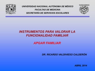 DR. RICARDO VALDIVIESO CALDERÓN
ABRIL 2014
INSTRUMENTOS PARA VALORAR LA
FUNCIONALIDAD FAMILIAR
APGAR FAMILIAR
UNIVERSIDAD NACIONAL AUTÓNOMA DE MÉXICO
FACULTAD DE MEDICINA
SECRETARÍA DE SERVICIOS ESCOLARES
 