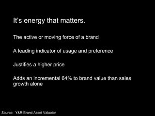 It’s energy that matters. The active or moving force of a brand A leading indicator of usage and preference Justifies a higher price  Adds an incremental 64% to brand value than sales growth alone  Source:  Y&R Brand Asset Valuator 