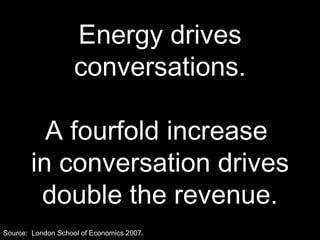 Energy drives conversations. A fourfold increase  in conversation drives double the revenue. Source:  London School of Economics 2007. 