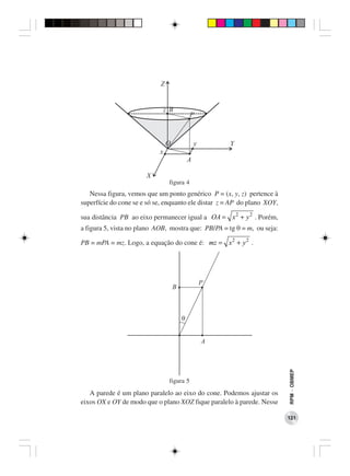 figura 4
   Nessa figura, vemos que um ponto genérico P = (x, y, z) pertence à
superfície do cone se e só se, enquanto ele distar z = AP do plano XOY,

sua distância PB ao eixo permanecer igual a OA = x 2 + y 2 . Porém,
a figura 5, vista no plano AOB, mostra que: PB/PA = tg θ = m, ou seja:

PB = mPA = mz. Logo, a equação do cone é: mz = x 2 + y 2 .




                                                                          RPM − OBMEP




                               figura 5
   A parede é um plano paralelo ao eixo do cone. Podemos ajustar os
eixos OX e OY de modo que o plano XOZ fique paralelo à parede. Nesse

                                                                          121
 