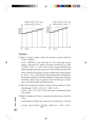 Perguntas
              1. Quais os preços, antigo e depois do aumento, de uma corrida de
                 3,5 km = 3500 m?
                 Como 3500/166,6 é um valor entre 21 e 22, vemos que o preço
                 antigo é dado pelo 22o “degrau” do gráfico da função P1(x), então
                 P1(3500) = 3,20 + 21 × 0,30 = 9,50, ou seja, o preço é R$ 9,50. Um
                 cálculo análogo mostra que o preço novo dessa corrida seria R$ 11,00.
                 Vamos responder às perguntas a seguir, considerando as aproximações
                 de P1(x) e P2(x) pelas funções afins anteriormente consideradas.
                 Isso permite estabelecer expressões algébricas simples para as funções
                 envolvidas, além do que os gráficos acima mostram que a função
                 afim é uma aproximação razoavelmente boa.
              2. Qual será o aumento percentual no preço de uma corrida de 10 km?
                 Considerando P1(10) = 3,20 + 10 × 1,80 = 21,20 e
                 P2(10) = 3,50 + 10 × 2,20 = 25,50, vemos que o aumento percentual
                 é de 20,28%.
              3. Qual é a função que fornece o aumento percentual numa corrida de
RPM − OBMEP




                 x km?
                 Considerando as funções afins, queremos, em função de x, o valor de
                                                 p
                 p tal que P2 ( x) = P ( x) +
                                      1             P ( x) , sendo P1(x) = 3,20 + x 1,80 e
                                                     1
                                                100
 62
 