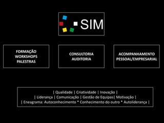 FORMAÇÃO
WORKSHOPS
PALESTRAS
CONSULTORIA
AUDITORIA
ACOMPANHAMENTO
PESSOAL/EMPRESARIAL
| Qualidade | Criatividade | Inovação |
| Liderança | Comunicação | Gestão de Equipas| Motivação |
| Eneagrama: Autoconhecimento * Conhecimento do outro * Autoliderança |
 