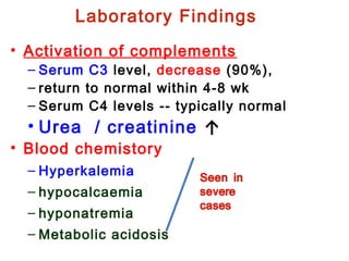 Laboratory Findings
• Activation of complements
– Serum C3 level, decrease (90%),
– return to normal within 4-8 wk
– Serum C4 levels -- typically normal
• Urea / creatinine ↑
• Blood chemistory
– Hyperkalemia
– hypocalcaemia
– hyponatremia
– Metabolic acidosis
 