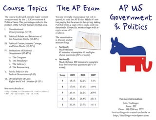 Course Topics                                   The AP Exam                                       AP US
The course is divided into six major content
areas covered by the U.S. Government &
Politics Exam. The percentages refer to the
                                                You are strongly encouraged, but not re-
                                                quired, to take the AP Exam. While it’s not
                                                fun paying for the exam in the spring, taking
                                                                                                Government
portion of the AP test that covers that area.
I.   Constitutional
     Underpinnings (5-15%)
                                                Poli Sci 101 in a year or two could cost you
                                                thousands. Generally, most colleges will ac-
                                                cept a score of 3
                                                or above.
                                                                                                 & Politics
II. Political Beliefs and Behaviors of          The examination
    the American Public (10-20%)                is 2 hours and 25
III. Political Parties, Interest Groups,        minutes long.
     and Mass Media (10-20%)                    •   Section I:
IV. Institutions of National                        Students have
    Government (35-45%)                             45 minutes to complete 60 multiple-
                                                    choice questions (50% of score).
     a.   The Congress
                                                •   Section II:
     b.   The Presidency
                                                    Students have 100 minutes to complete
     c.   The Judiciary                             four free-response questions (50% of
     d.   The Bureaucracy                           score).
V. Public Policy in the
   Federal Government (5-15)                        Score     2009       2008      2007
VI. Development of Civil
    Rights and Civil Liberties (5-15%)                5       13.1%     12.2%      3.0%

                                                      4       17.0%     13.1%     18.9%
See more details at:
http://www.collegeboard.com/student/
testing/ap/usgov/topics.html                          3       25.4%     25.2%     26.9%

                                                      2       24.2%     25.8%     32.1%                For more information:
                                                                                                            Mrs. Trullinger
                                                      1       20.2%     23.7%     16.1%
                                                                                                              Room: 222
                                                                                                       Phone: 381-3308 ext. 2222
                                                                                                lina.trullinger@fayette.kyschools.us
                                                                                                  http://trullinger.wordpress.com
 