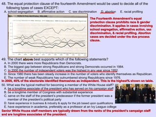 48. The equal protection clause of the fourteenth Amendment would be used to decide all of the
following types of cases EXCEPT:
A. school segregation B. affirmative action C. sex discrimination D. abortion E. racial profiling
49. The chart aboveabove best supports which of the following statements?
A. In 2000 there were more Republicans than Democrats.
B. The biggest gap between strong Republicans and strong Democrats occurred in 1984.
C. In 2000 the number of independent voters was the highest in any year since 1952.
D. Since 1980 there has been steady increase in the number of voters who identify themselves as Republican.
E. The number of weak Republicans has outnumbered strong Republicans since 1976.
50. What was the typical method for becoming a member of the White House staff?
A. be a longtime associate of the president who has served on his campaign staff
B. be a longtime member of Congress with substantial experience
C. serve on the staff of the president’s predecessor if the former president was a
member of the president’s political party
D. have experience in business & industry & apply for the job based upon qualifications
E. have experience in academia, preferably as a professor at an Ivy League college
The Fourteenth Amendment’s equalThe Fourteenth Amendment’s equal
protection clause prohibits race & genderprotection clause prohibits race & gender
discrimination. It applies in cases involvingdiscrimination. It applies in cases involving
school segregation, affirmative action, sexschool segregation, affirmative action, sex
discrimination, & racial profiling. Abortiondiscrimination, & racial profiling. Abortion
cases are decided under the due processcases are decided under the due process
clause.clause.
In 2000, 40% of the electorate identified themselves as independent. This is the highest% shown on table.In 2000, 40% of the electorate identified themselves as independent. This is the highest% shown on table.
Senior White House staff members are typically drawn from the ranks of the president’s campaign staffSenior White House staff members are typically drawn from the ranks of the president’s campaign staff
and are longtime associates of the president.and are longtime associates of the president.
 